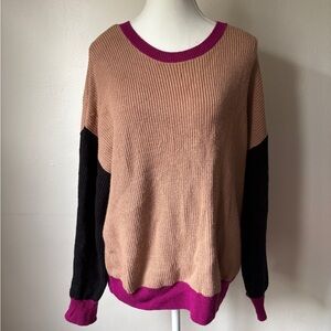 Express Women's Sweater with Tan, Black, and Pink Accents